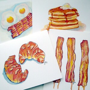 Bacon Cards - Breakfast Foods Card Set - Foodie Watercolor Art Note Cards- Bacon, Pancakes, Eggs, Croissants - Set of 12