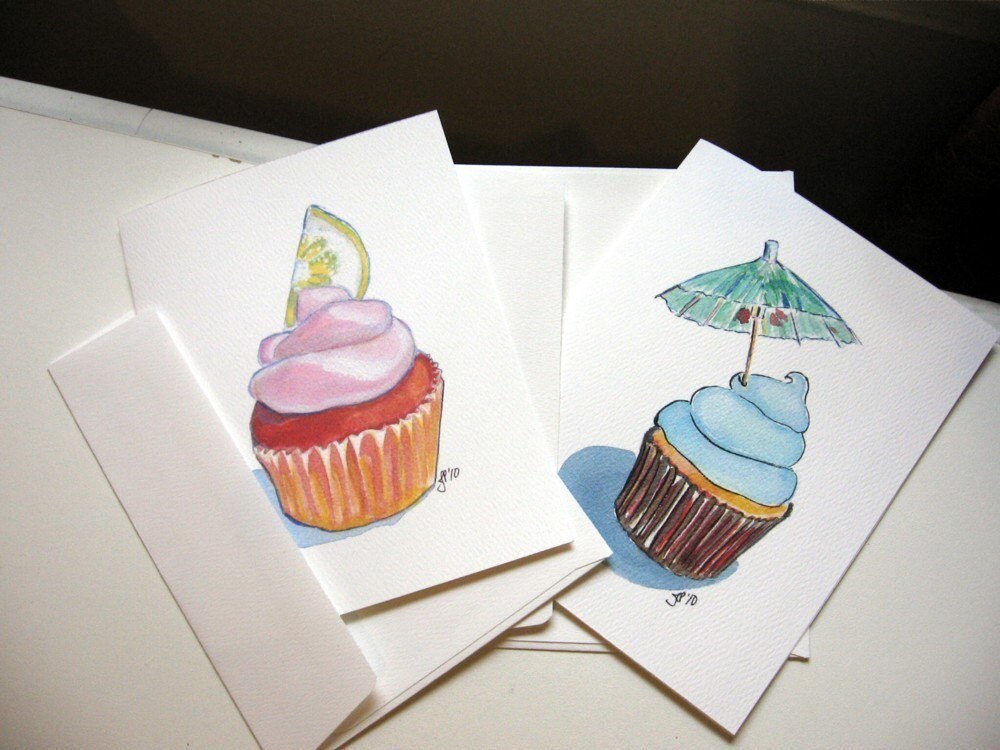 Cupcake Watercolor Cards • Set of 3 - 5x5 • Confetti or Unicorn