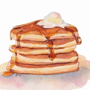 Stapel von Pfannkuchen mit Ahornsirup Aquarell Druck - Frühstück Küche Wandkunst - Food Illustration Aquarell Kunstdruck, 8 x 10