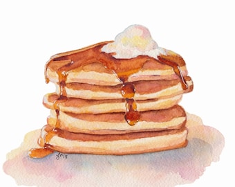 Stack of Pancakes with Maple Syrup Watercolor Painting Print - Breakfast Kitchen Wall Art - Food Illustration Watercolor Art Print, 8x10