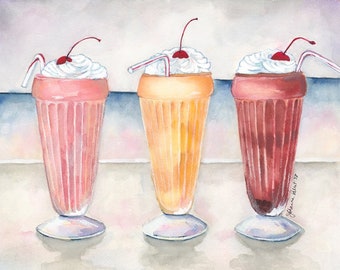 Three Milkshakes Soda Shop Watercolor Art, Chocolate Vanilla and Strawberry Ice Cream Shakes, Foodie Art - 8x10 Print