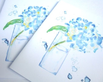 Azul Hortensia tarjetas, tarjetas de arte acuarela de la flor, conjunto de 8