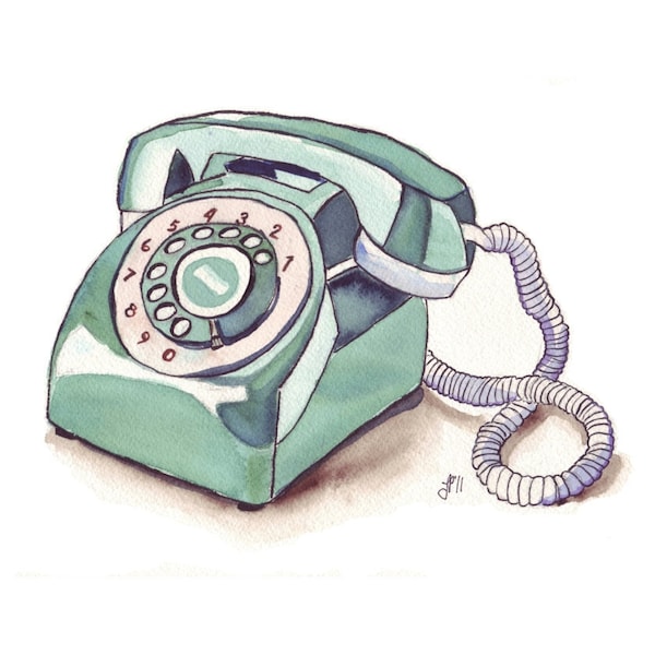 Vintage Phone Illustration Art, Watercolor Green Vintage Rotary Telephone, Watercolor Art Print, 5x7