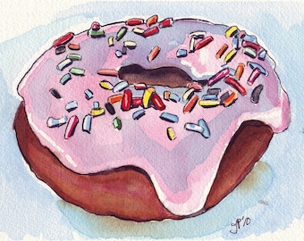 Donut Art Watercolor Painting - Doughnut Art, Frosted Pink Donut Watercolor Art Print, 5x7