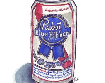 Pabst Beer Art - Watercolor Painting - Still Life - Pabst Blue Ribbon Beer Watercolor Art Print, 8x10