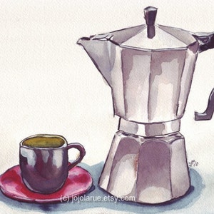 Watercolor Painting - Espresso Coffee Art Print, Espresso Maker with Cup (no. 1) Watercolor Art Print, 5x7