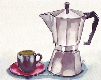 Watercolor Painting - Espresso Coffee Art Print, Espresso Maker with Cup (no. 1) Watercolor Art Print, 5x7