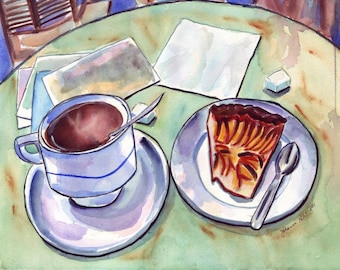 Paris Watercolor Painting - Cafe Watercolor Art Print, 11x14, Coffee with Tart and Postcards