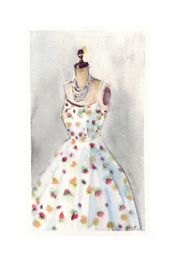 Watercolor Painting - White Vintage Summer Dress With Flowers 