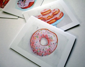 Tarjetas de donut - Juego de tarjetas de rosquilla - Donut Acuarela Art Notecards - Desayuno Comida Tarjetas de Felicitación Papelería Juego - Set de 4