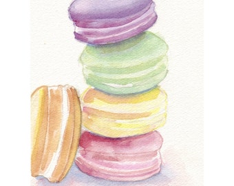 Macarons Art no. 5 Watercolor Painting 8x10 Print, Four Pastel Laduree Macarons, Still Life Food Watercolor, 8x10 Print