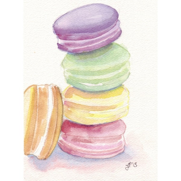 Macarons Art no 5 Peinture à l'aquarelle 8x10 Imprimer, Quatre Macarons Pastel Laduree, Still Life Food Watercolor, 8x10 Imprimer