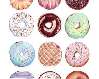 Donut Art - Dozen Doughnuts Art Print - Kitchen Art - Food Illustration Watercolor Art Print, 11x14