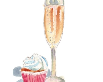 Pintura de acuarela de champán y cupcake - Champagne y Cupcake Acuarela Art Print, 5x7