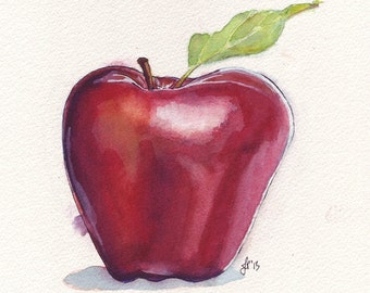 Apple Art - Red Apple Watercolor Painting Print - Small Apple Fruit Still Life Original Watercolor Art - 5x7 Print