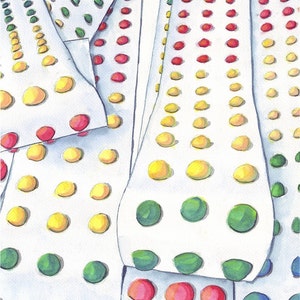 May include: A watercolor painting of several sheets of paper with rows of colorful dots. The dots are arranged in a rainbow pattern, with red, orange, yellow, green, blue, and purple dots.