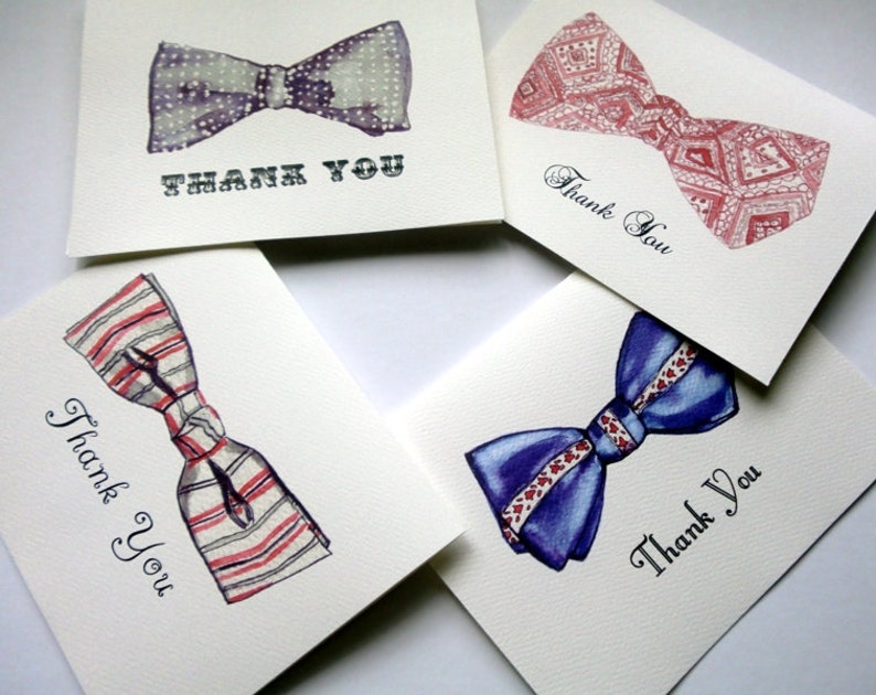 Vintage Bowtie Thank You Cards Retro Watercolor Men/'s Fashion Bow Tie Thank You Cards Set of 4