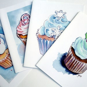 Cupcake Christmas Cards, Watercolor Holiday Cupcake Cards, Set of 8