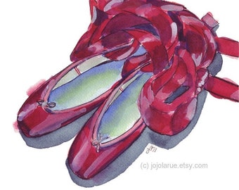 Watercolor Painting - Red Ballet Shoes Art -  Pointe Shoes - Watercolor Art Print, 8x10