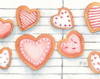 Frosted Sugar Cookies Painting - Valentine's Heart Cookies Art - Frosting and Sprinkles Bakery Art - Watercolor Art, 5x7 Print