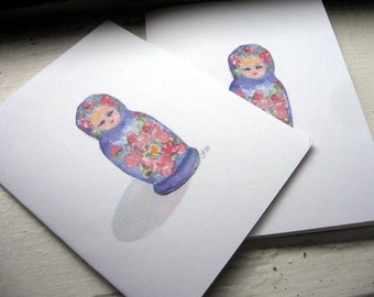 Matrushka Card Set - Matrushka Nesting Doll Purple Watercolor Art Note Cards, Set of 4