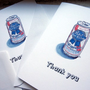 Thank You Notes, PBR Pabst Blue Ribbon Beer Watercolor Art Thank You Cards, Set of 12 image 5