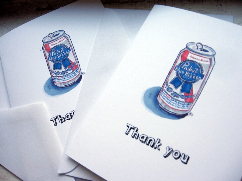 Thank You Notes, PBR Pabst Blue Ribbon Beer Watercolor Art Thank You Cards, Set of 12 image 5