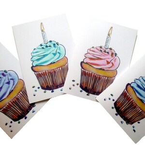 Cupcake Birthday Cards Set, Watercolor Art Birthday Greeting Cards, Set of 12