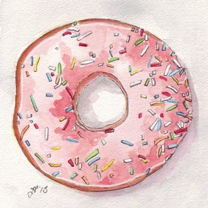 Pink Donut Watercolor Painting Print, Doughnut with Pink Frosting and Sprinkles from Above, 5x7 Print image 1