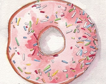 Pink Donut Watercolor Painting Print, Doughnut with Pink Frosting and Sprinkles from Above, 8x10 Print