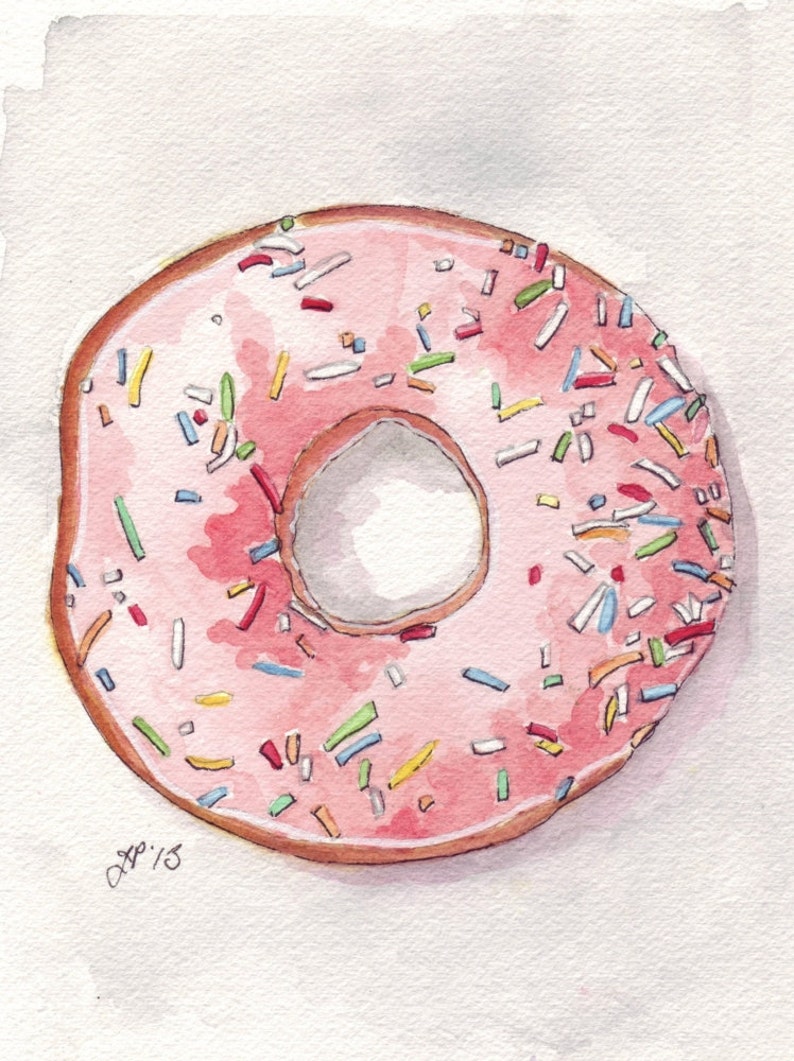 Pink Donut Watercolor Painting Print, Doughnut with Pink Frosting and Sprinkles from Above, 5x7 Print image 1