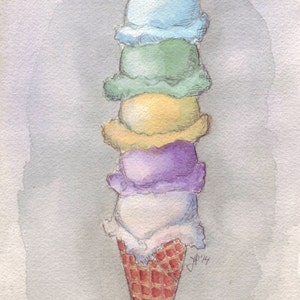 Ice Cream Watercolor Painting - Five Scoops Cone Watercolor Art Print, 5x7 Print