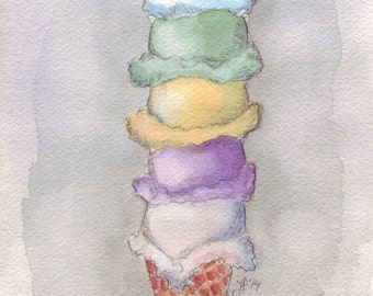 Ice Cream Watercolor Painting - Five Scoops Cone Watercolor Art Print, 5x7 Print