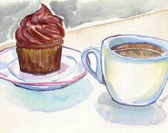 Cupcake and Coffee Watercolor Painting - Still Life Illustration Chocolate Cupcake and Coffee Watercolor Art Print, 8x10