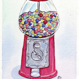 Watercolor Painting - Gumball Machine Art, Watercolor Art Print, 5x7