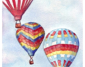 Hot Air Balloons Watercolor Painting - Rainbow Hot Air Balloons Illustration Print, 8x10