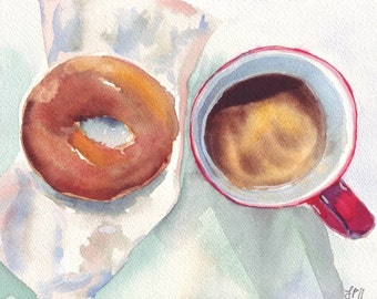 Coffee and Donut Watercolor Painting - Still Life - Red and Brown Coffee and Donut Art Print, 5x7