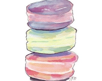 French Macarons Print - Macarons no. 1 Watercolor Painting, Three Stack of Cookies - Watercolor Art Print, 8x10