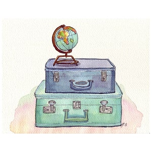 Watercolor Painting Vintage Suitcases and Globe Blue and Green Travel Wanderlust Illustration 5x7 Print image 2