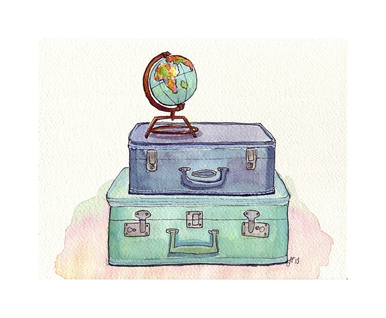 Watercolor Painting Vintage Suitcases and Globe Blue and Green Travel Wanderlust Illustration 5x7 Print image 2