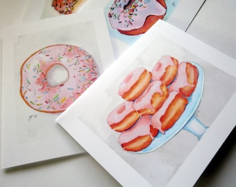 Donut Art Notecards, Cute Cards Breakfast Food Art - Set of Watercolor Art Cards, Set of 8