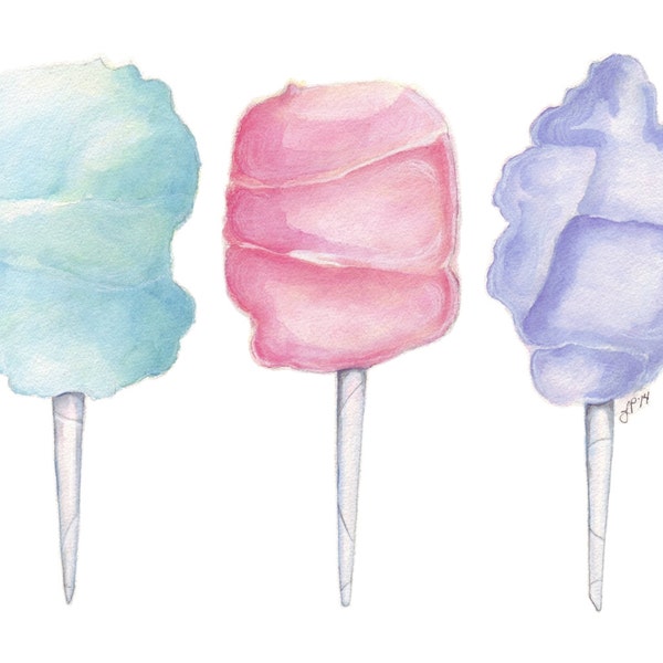 Three Cotton Candies Watercolor Painting - Cotton Candy Art - Pastel Food Illustration, 8x10 Print