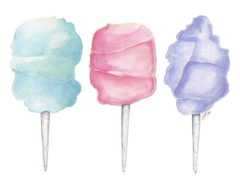 Three Cotton Candies Trio Watercolor Painting Cotton Candy Art Pastel Food Illustration, 11x14 Print image 1