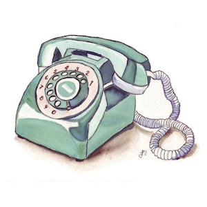 Watercolor Painting - Telephone Art, Green Vintage Rotary Telephone, Watercolor Art Print, 8x10