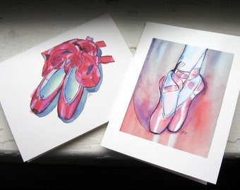 Set of Cards - Ballet Shoes Watercolor Art Notecards, Set of 4