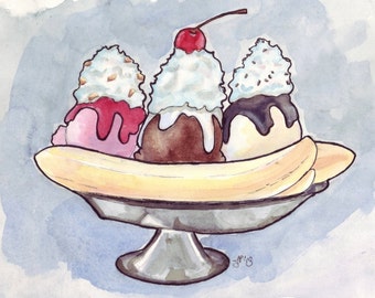 Banana Split Watercolor Painting - Ice Cream Sundae Art - Food Illustration - Still Life 8x10 Print