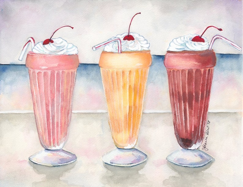 Milkshake Art 11x14 Print Three Milkshakes Soda Shop Painting Chocolate, Vanilla, and Strawberry image 1