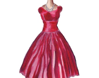 8x10 Print - Red Dress Watercolor Painting - Fashion Illustration - Vintage Red Dress Fashion Watercolor Art Print - 8x10