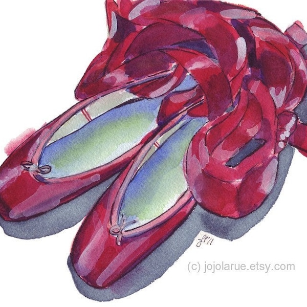 Red Pointe zapatos acuarela pintura - rojo ballet zapatos acuarela arte impresión, 5x7