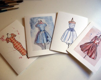 Vintage Dress Note Cards (Ed. 1), Watercolor Art Notecards, Set of 4